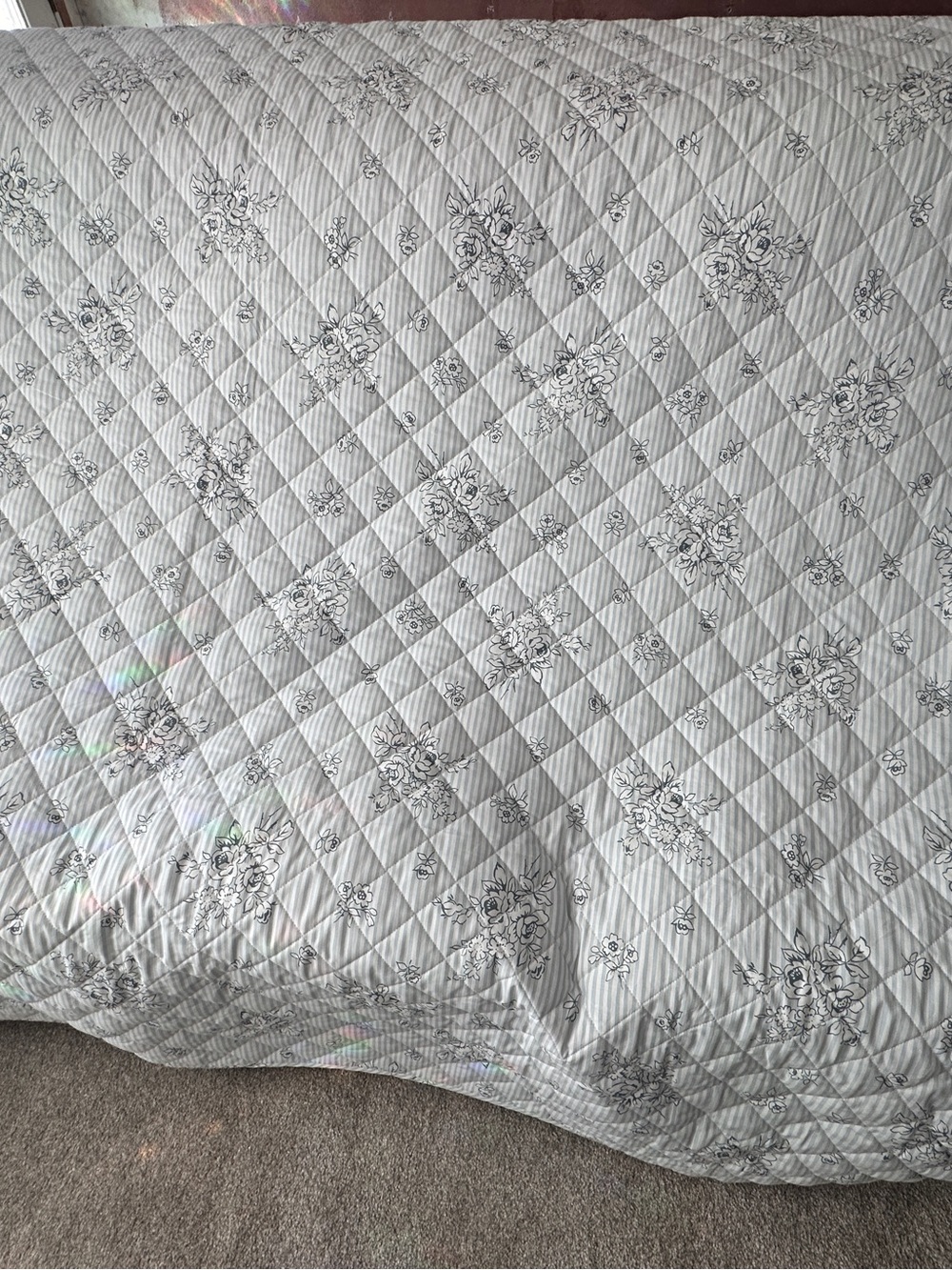 Cabbage and Roses Blue & White Cotton Striped King Quilt Set 106x90 New W/shams